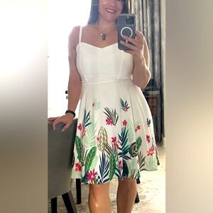 White cami dress with palm leaves & flowers